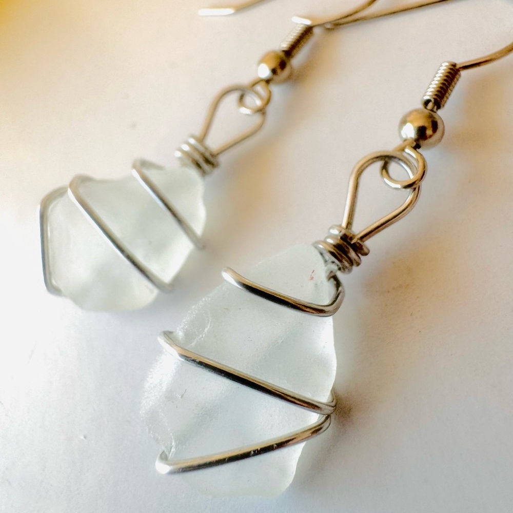 Elegant Clear Sea Glass Silver Wire-Wrapped Earrings